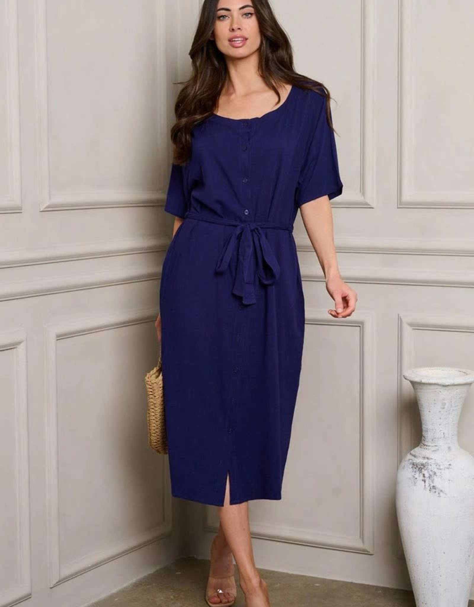 Miss Bliss Button Down Midi Dress With Tie- Navy