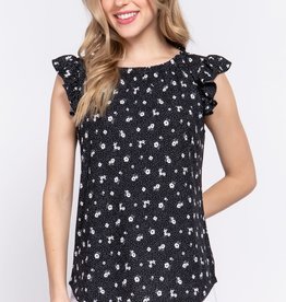 Miss Bliss Pleated Round Neck Floral Print Top- Black