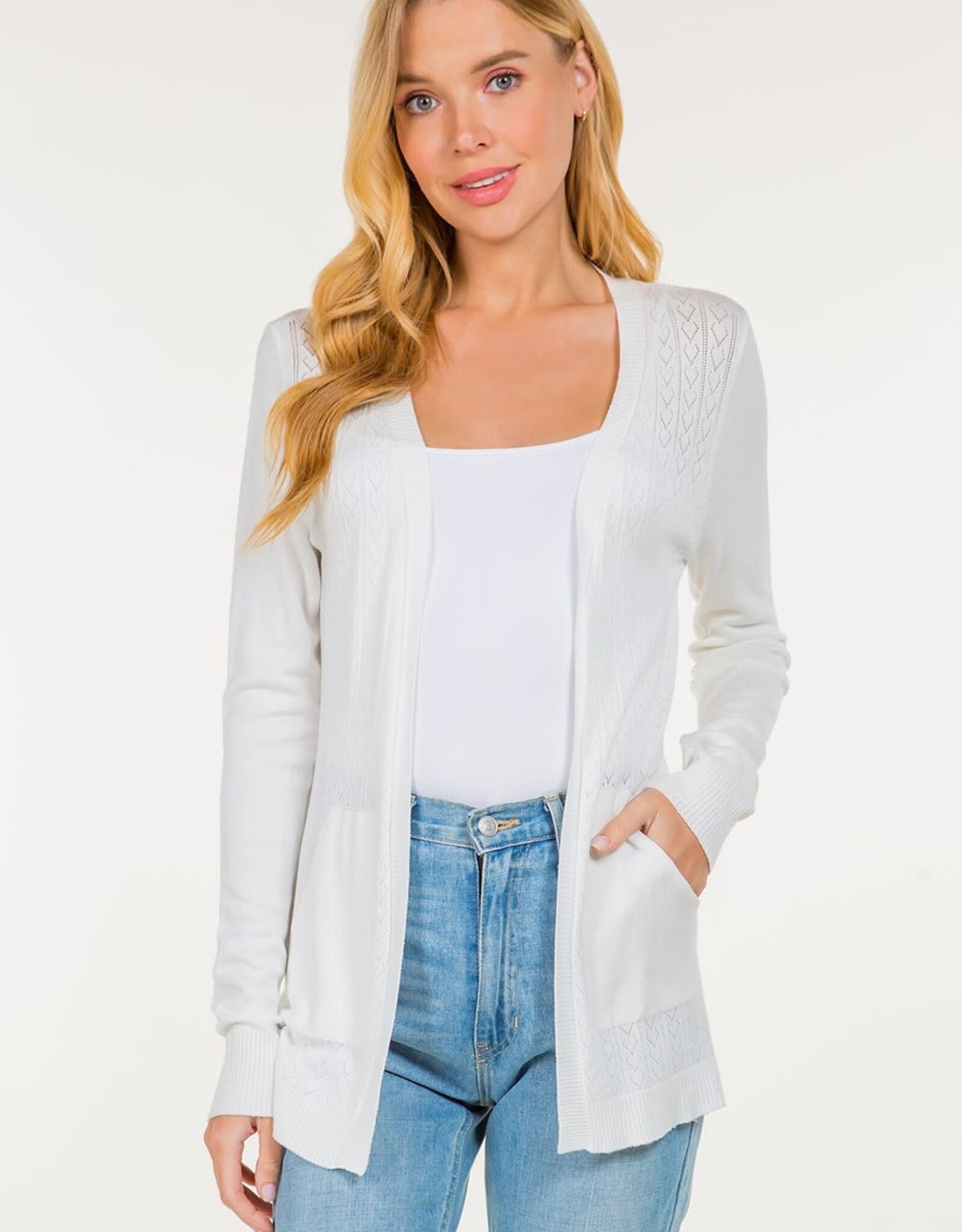 Miss Bliss Diamond Detail Open Cardigan- White