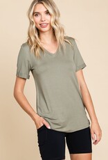Miss Bliss Solid V Neck SS Top- Olive