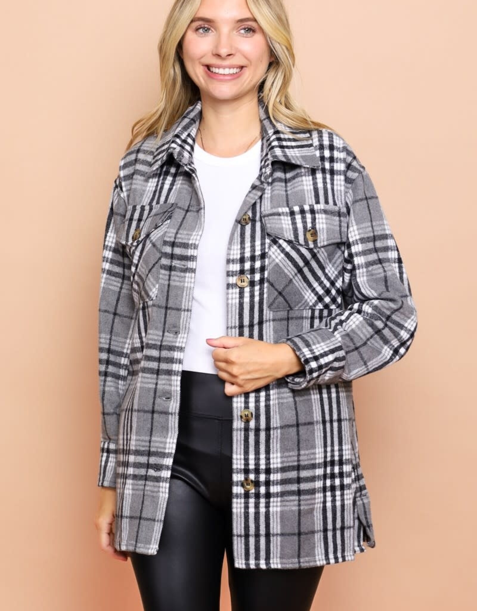 Miss Bliss Heavy Weight Plaid Woven Shacket- Black & Grey