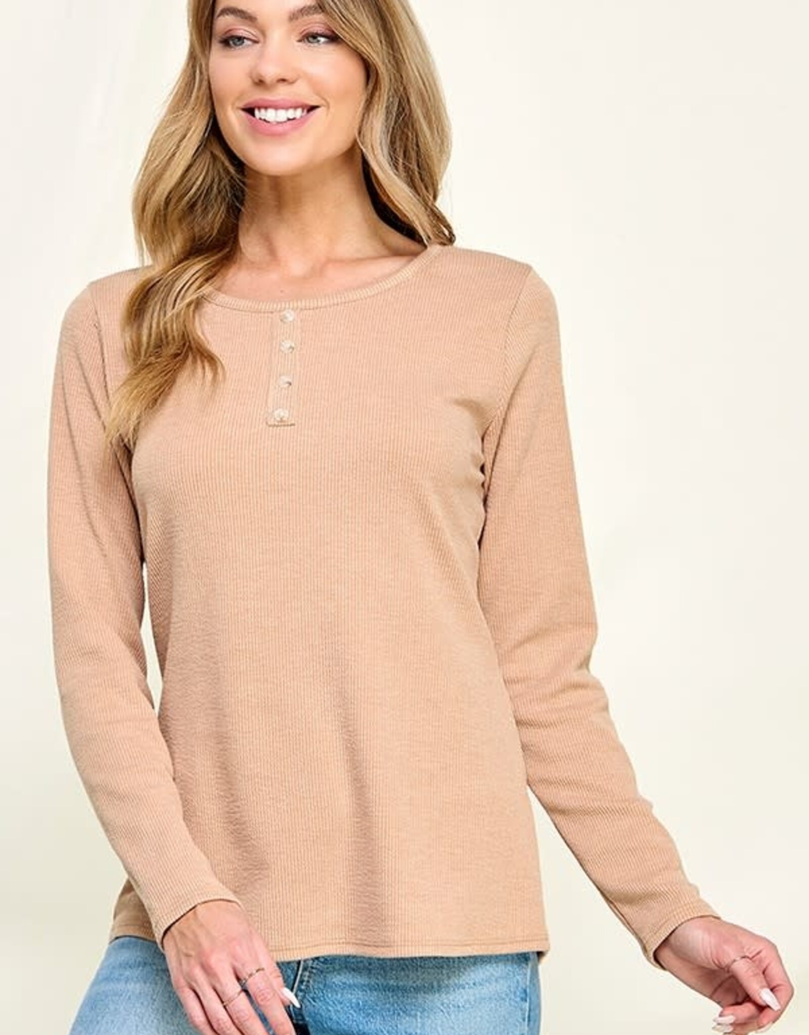 Miss Bliss LS Front Button Ribbed Top-  Light Terracotta