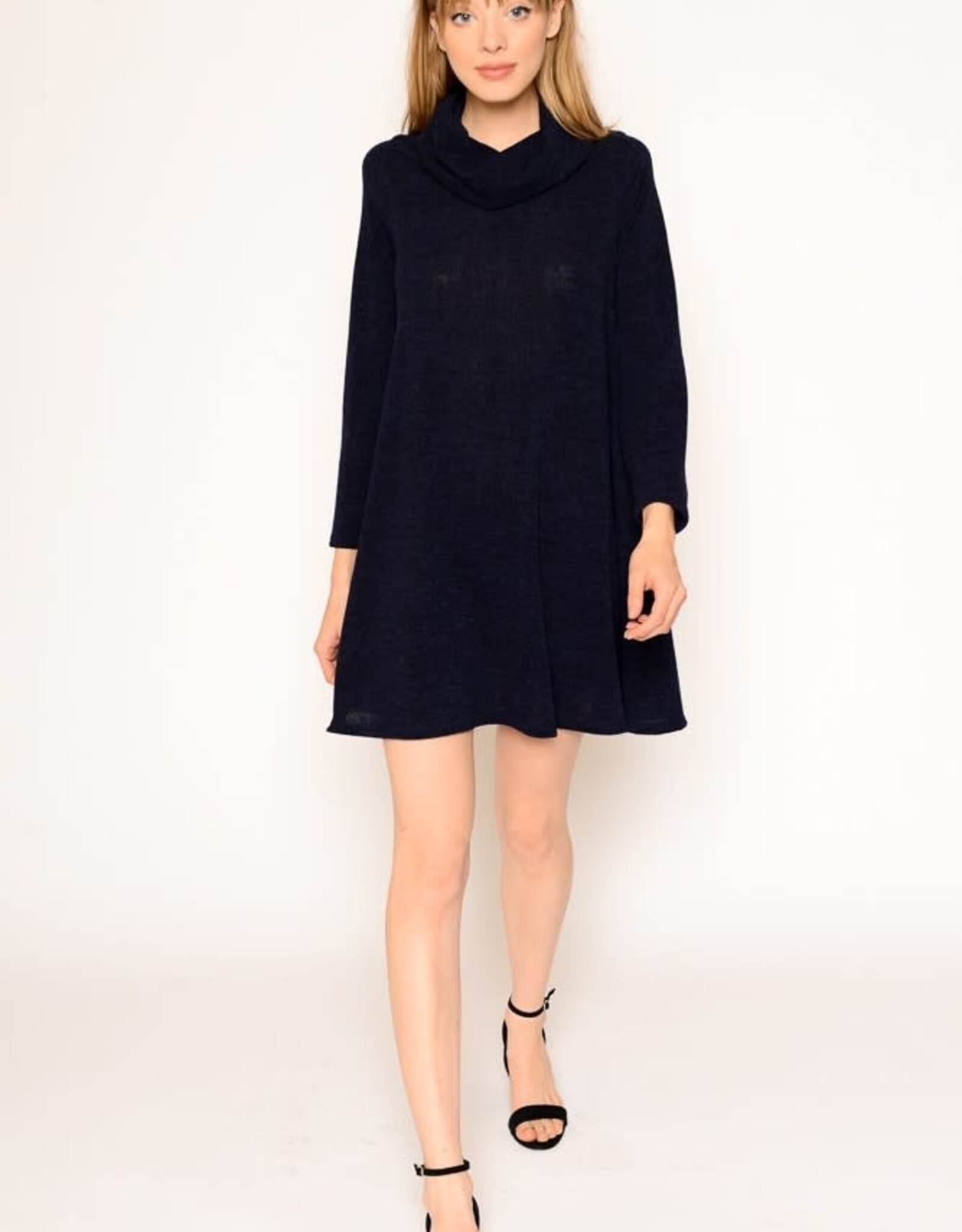 Miss Bliss Solid Knit Cowl Neck LS Dress- Navy