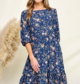 Miss Bliss LS Dreamy Floral Print Tiered Dress- Navy