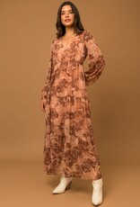 Miss Bliss LS Floral Print Tiered Maxi Dress- Brown