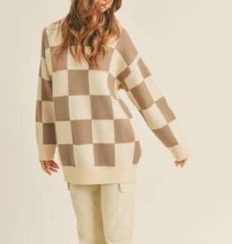Miss Bliss Large checker Print Sweater- Tan