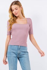 Miss Bliss SS Ribbed Square Neck Top- Mauve