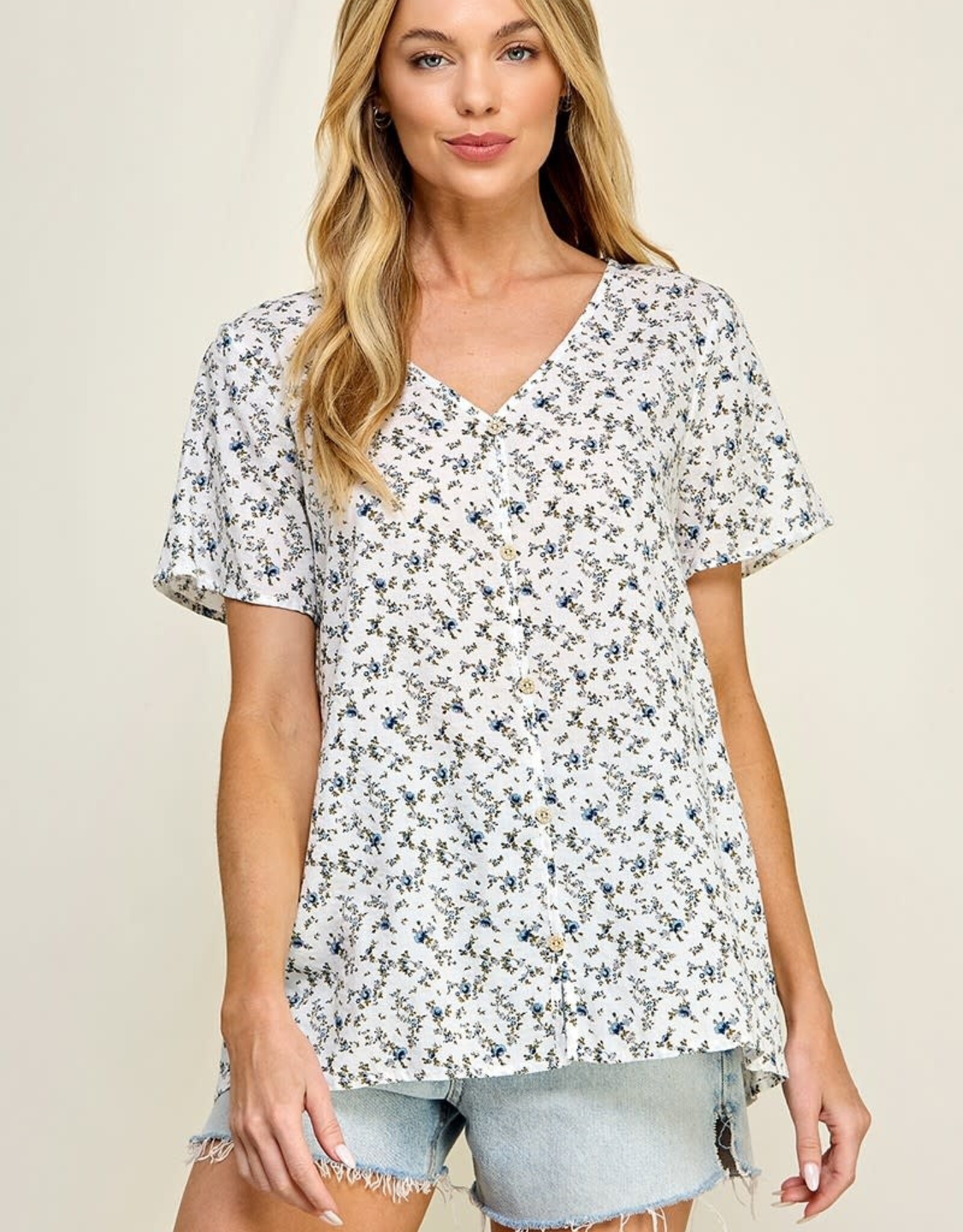 Miss Bliss Flutter Sleeve Floral Button Up Top- Ivory