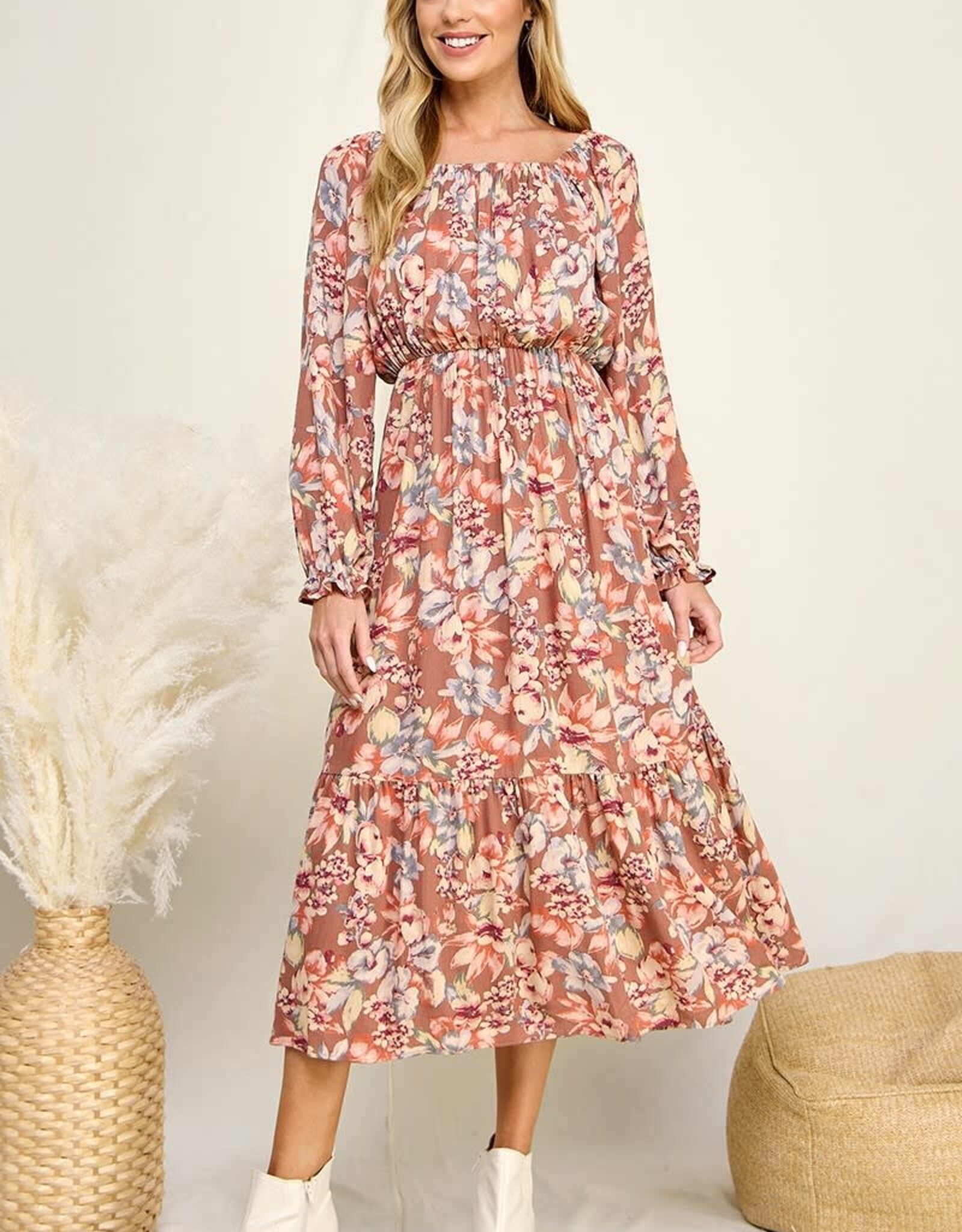 Miss Bliss LS Tiered Floral Midi Dress- Terracotta