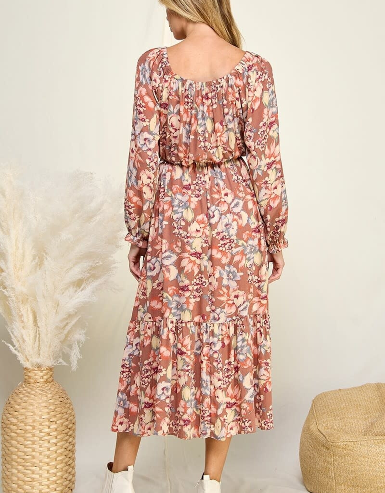 Miss Bliss LS Tiered Floral Midi Dress- Terracotta