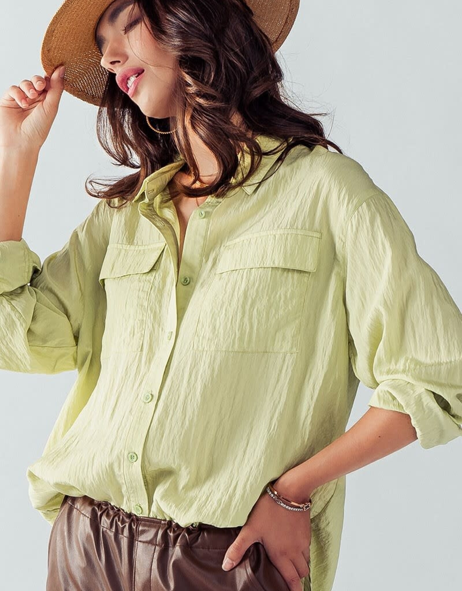 Miss Bliss Wrinkled Semi Sheer Button Up Top- Lime