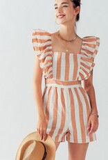 Miss Bliss Ruffle Striped Square Neck Romper- Salmon Pink