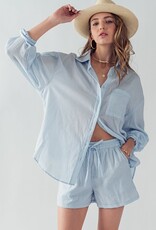 Miss Bliss Stripped Button Up and Short Set- Blue