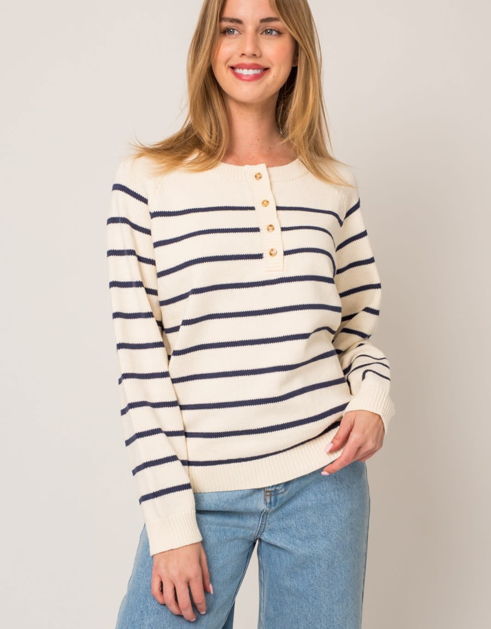 Miss Bliss Striped Half Button Boat Neck Sweater- Cream & Navy