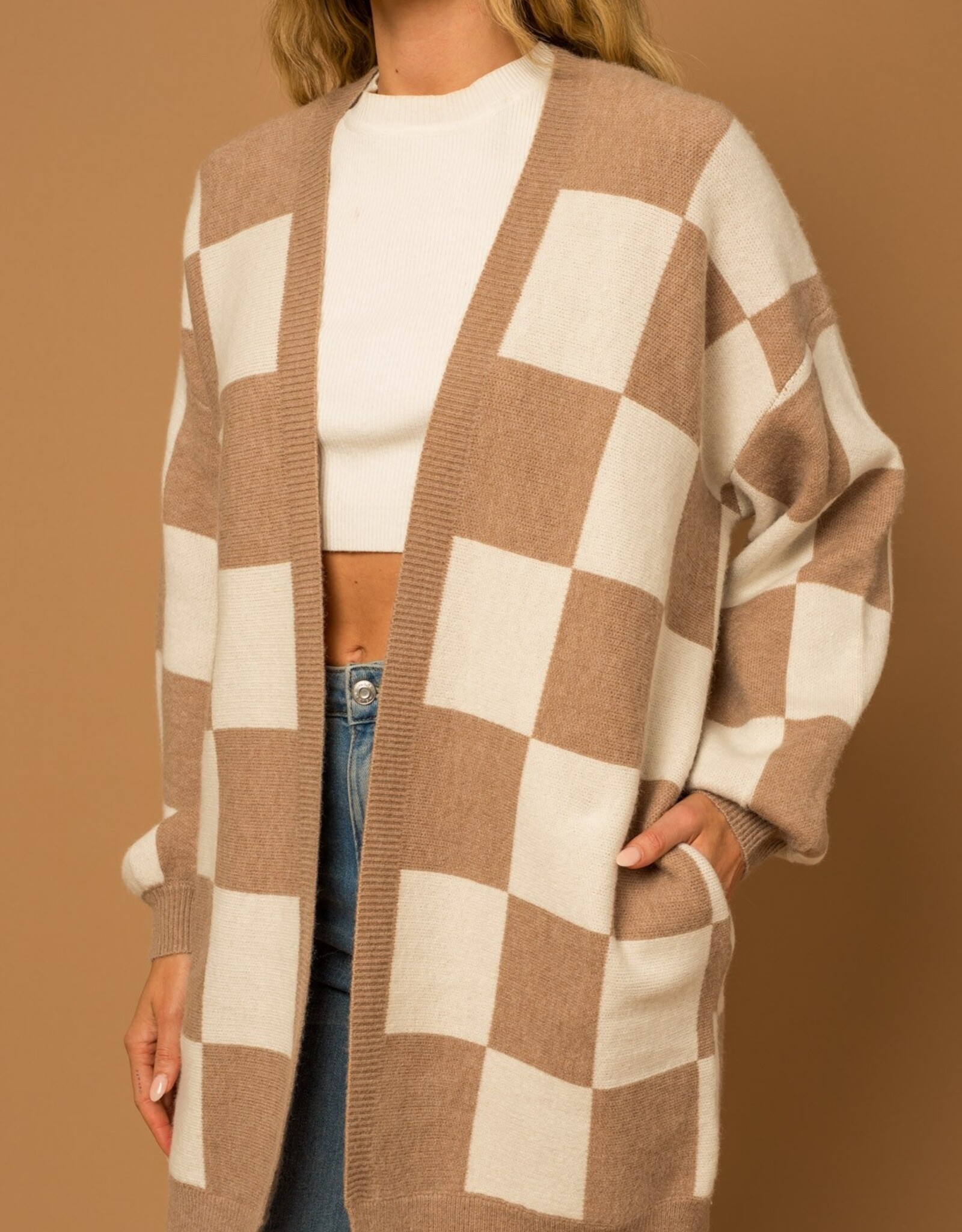 Miss Bliss Checkered Puff Sleeve Cardigan- Taupe & White