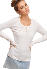 Miss Bliss LS Jersey Knit Button Front Top- Ivory