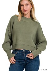 Miss Bliss Oversized Cropped Knit W Side Slit-Light Olive