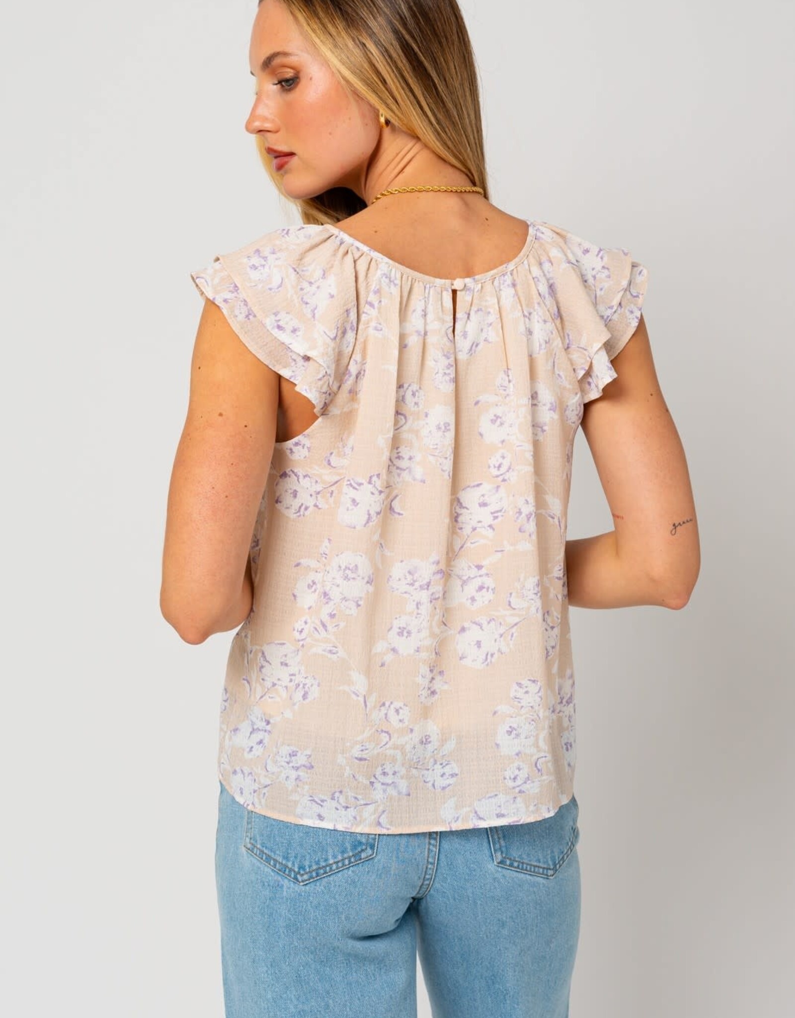 Miss Bliss Short Double Sleeve Shirring Floral Blouse