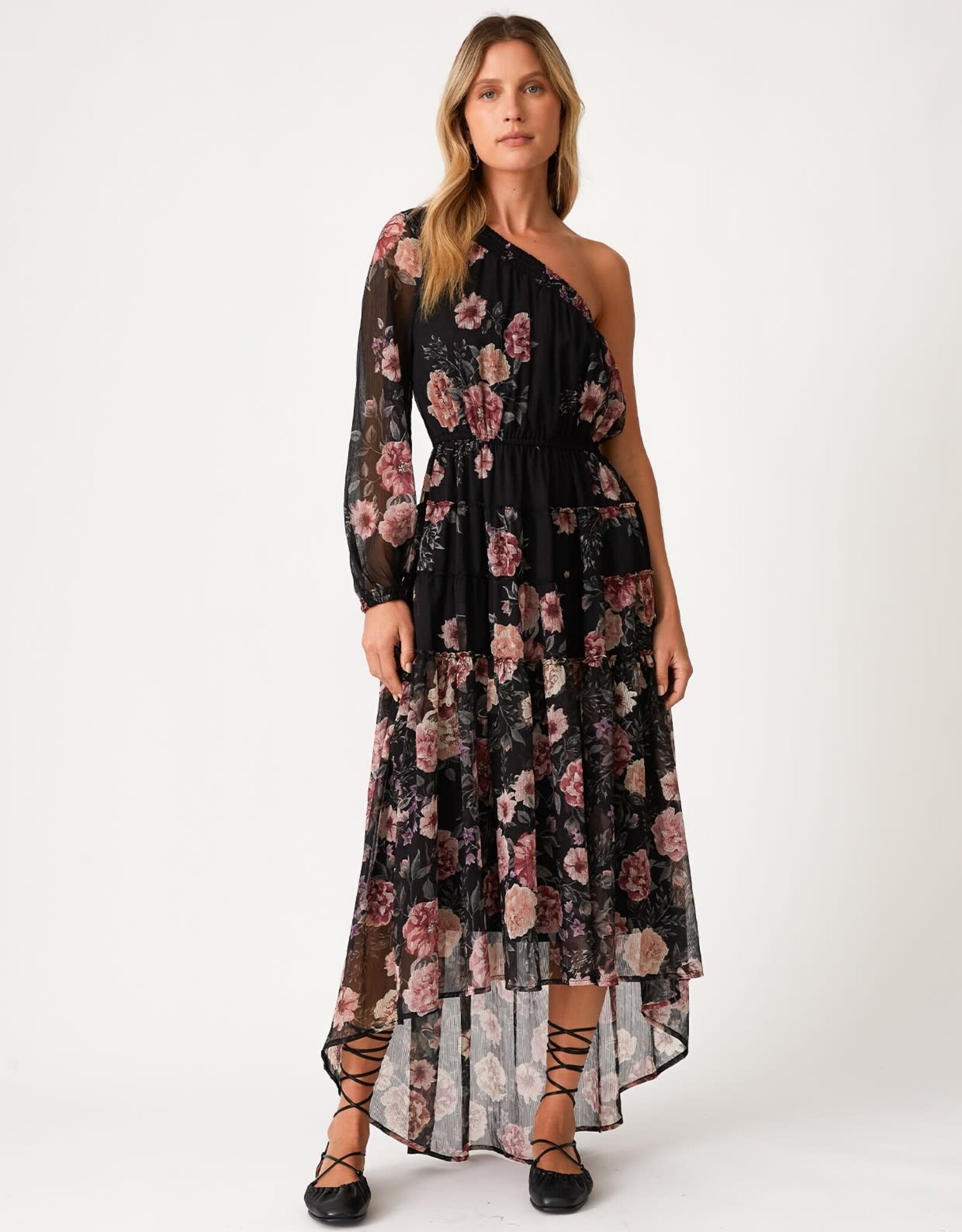 Miss Bliss Floral One Shoulder Evening Tiered Maxi-Black/Rose