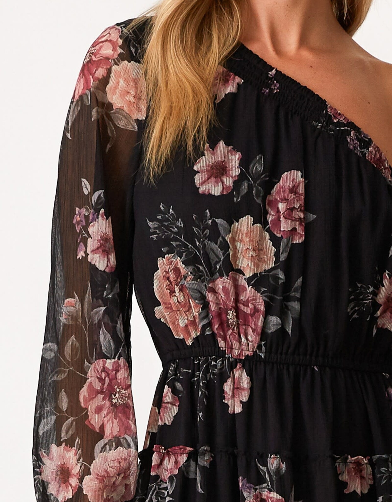 Miss Bliss Floral One Shoulder Evening Tiered Maxi-Black/Rose