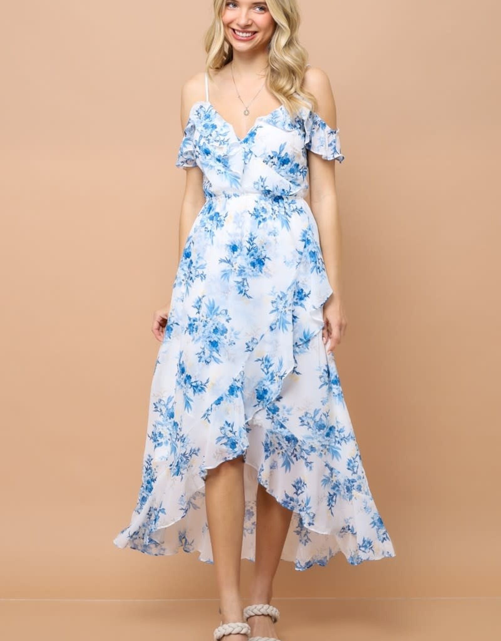 Miss Bliss Kelsey Spagetti Strap Floral Maxi Dress-Blue&White