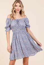 Miss Bliss Ditsy Floral Smocked Waist Dress- Navy