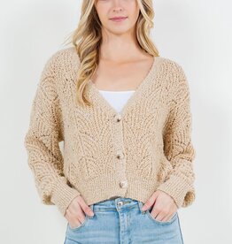 Miss Bliss Taupe Crochet Button Cardigan