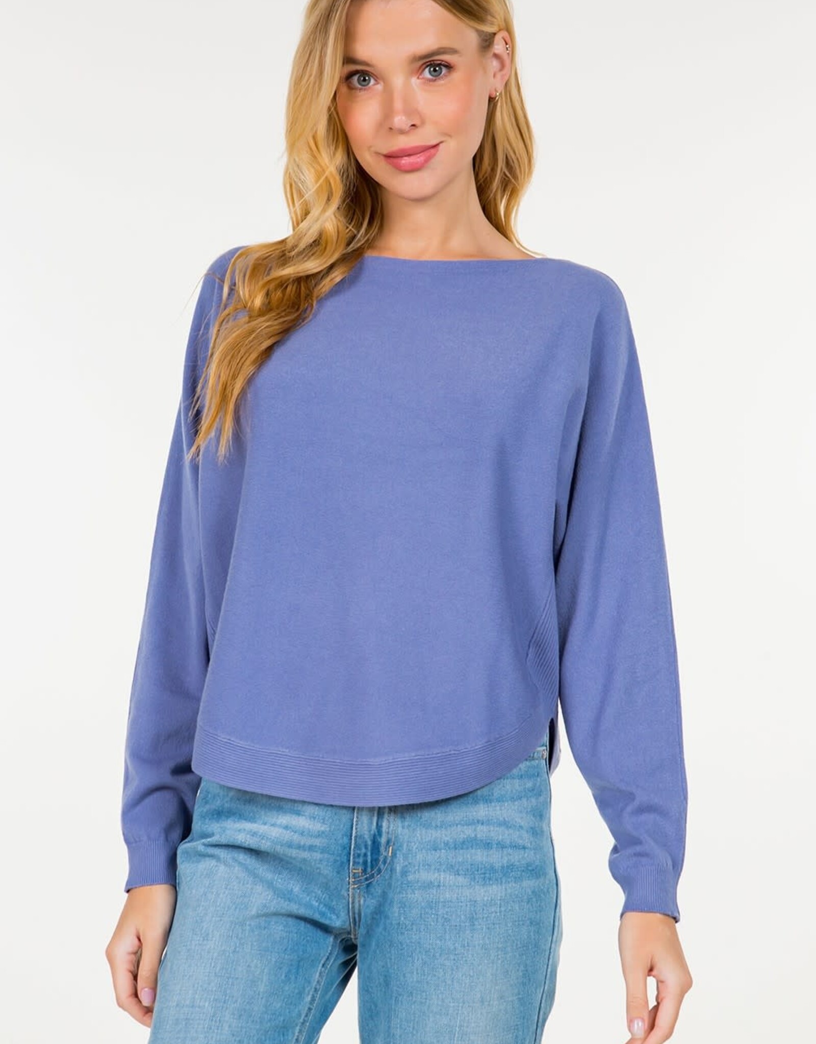 Miss Bliss LS Straight Neck Pullover- Heather Steel Blue