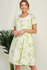 Miss Bliss Ivory & Green Woven Floral Dress W Pockets