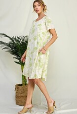Miss Bliss Ivory & Green Woven Floral Dress W Pockets