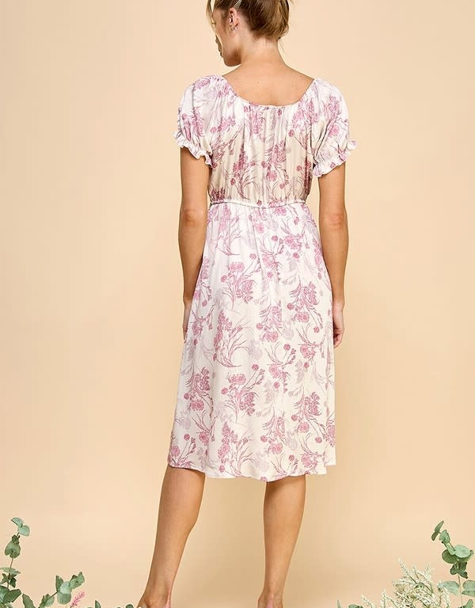 Miss Bliss May Ivory & Pink Floral Dress W Puff Slv