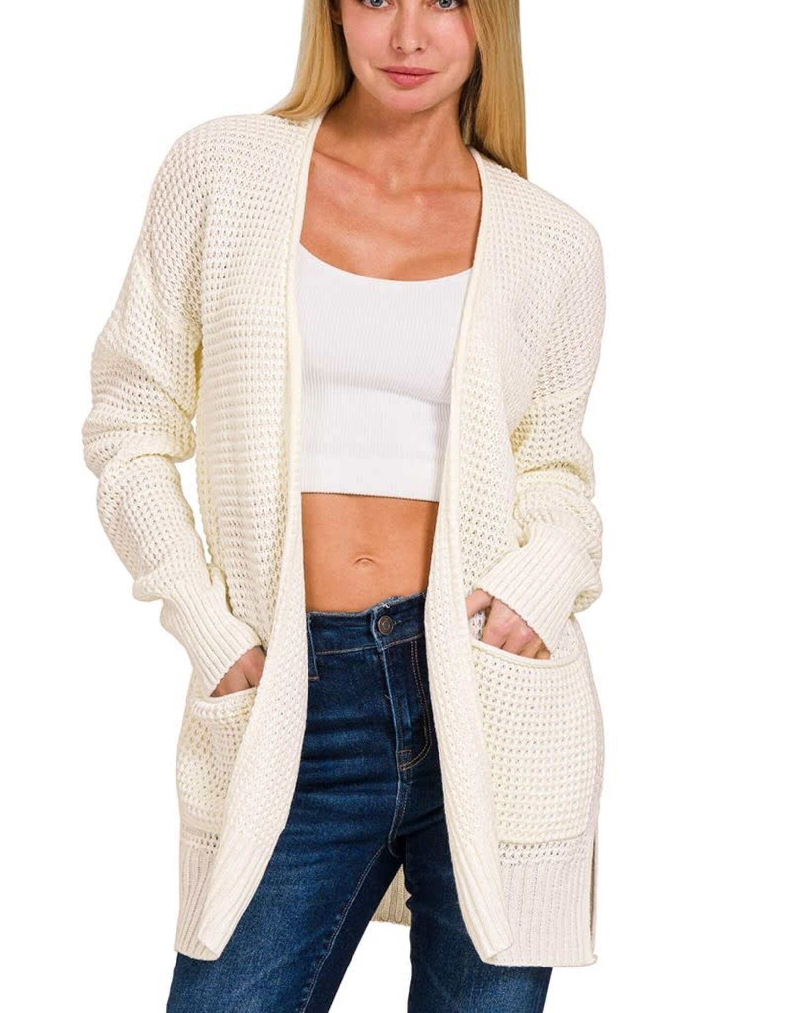 Miss Bliss Relaxed Midweight Waffle Cardigan W Pockets