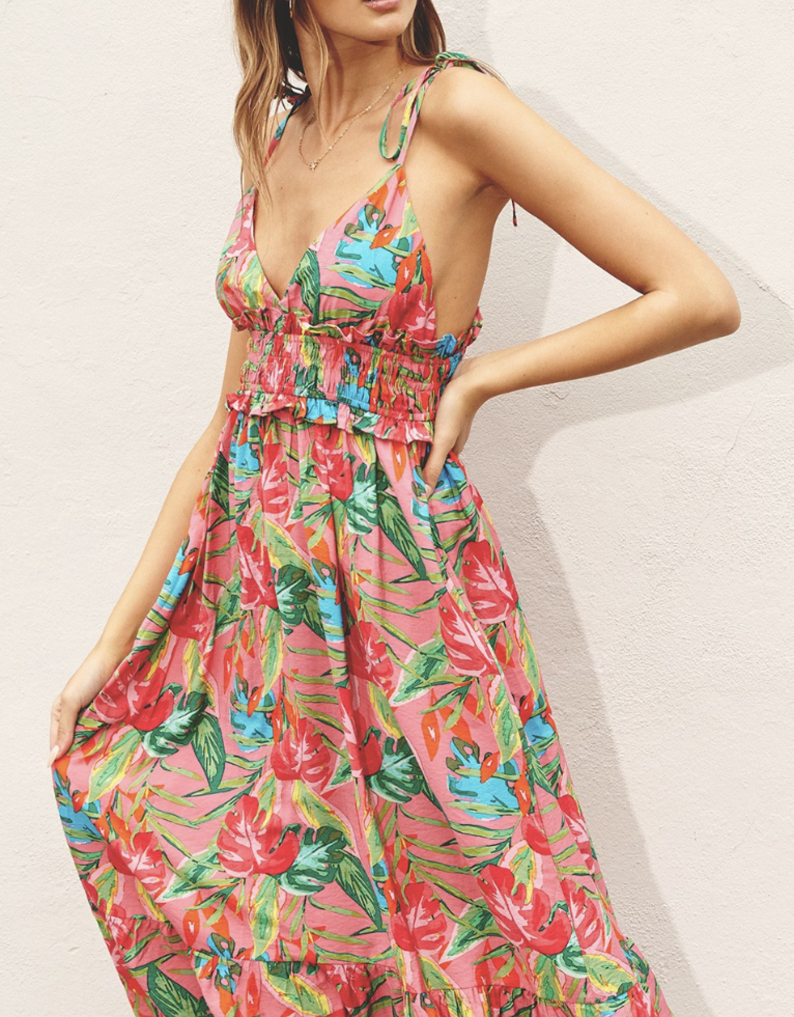Miss Bliss Tropical Shirred Waist Midi Dress