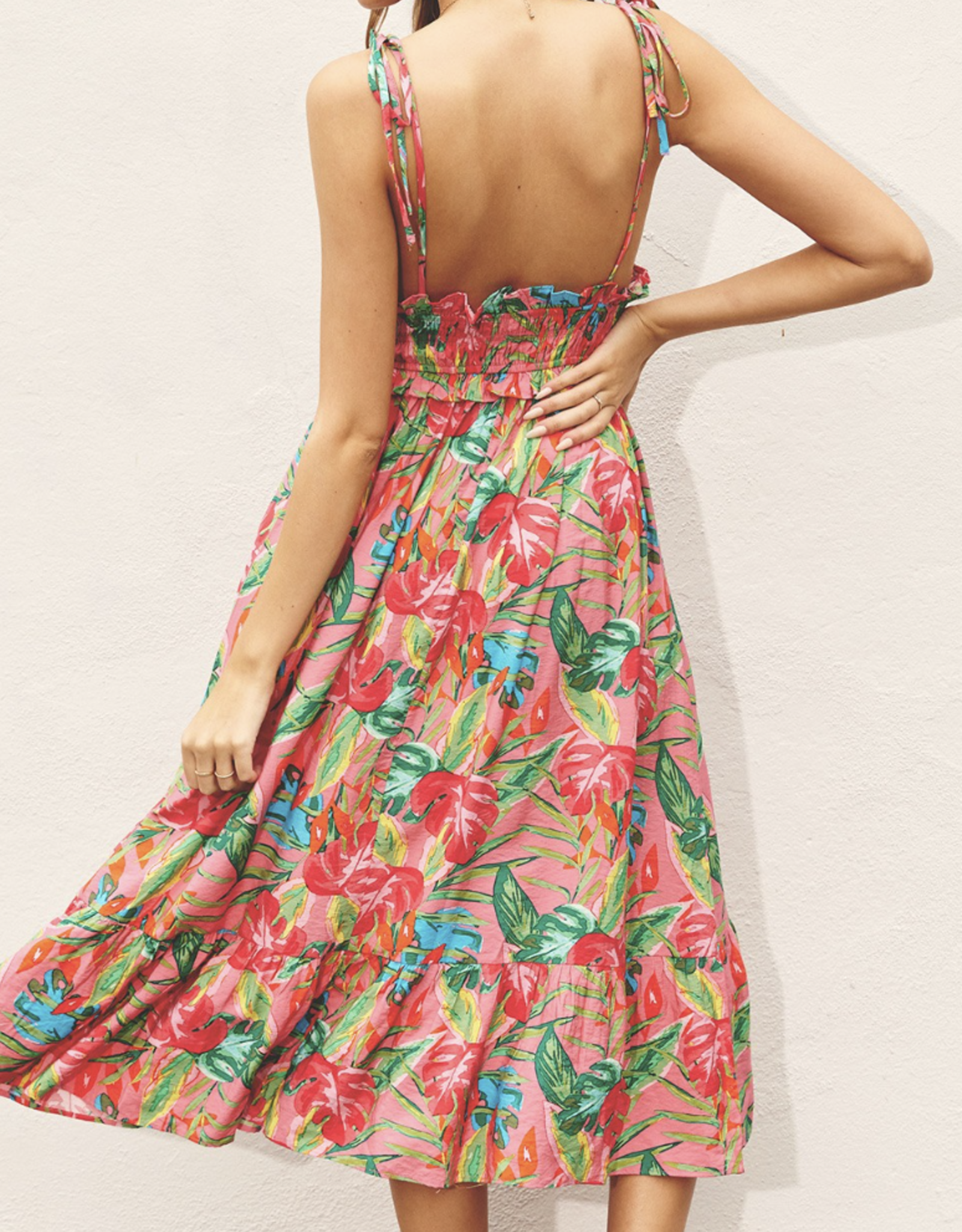 Miss Bliss Tropical Shirred Waist Midi Dress