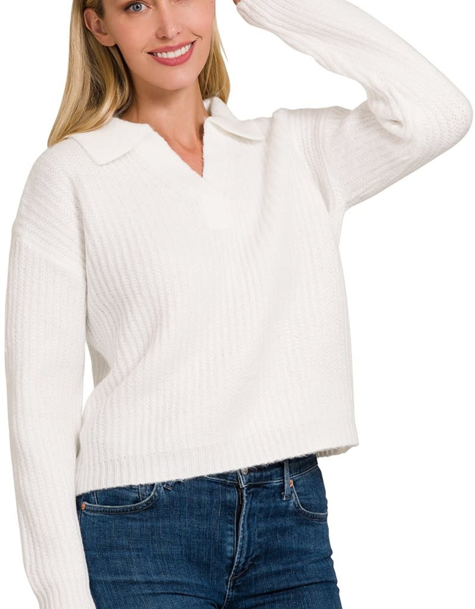 Miss Bliss Melange Collared V Neck Basic Sweater-Off White