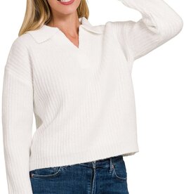 Miss Bliss Traditional Off White Collared Sweater