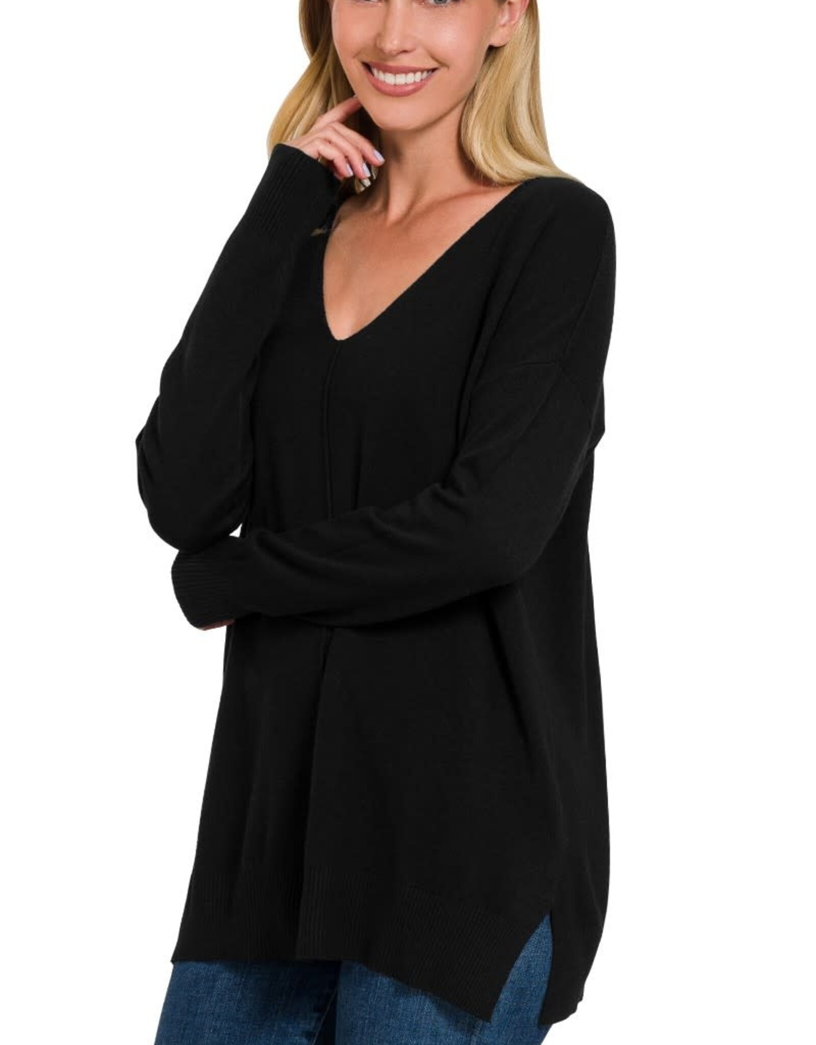 Miss Bliss Zen Relaxed Fit V Neck Front Seam Sweater