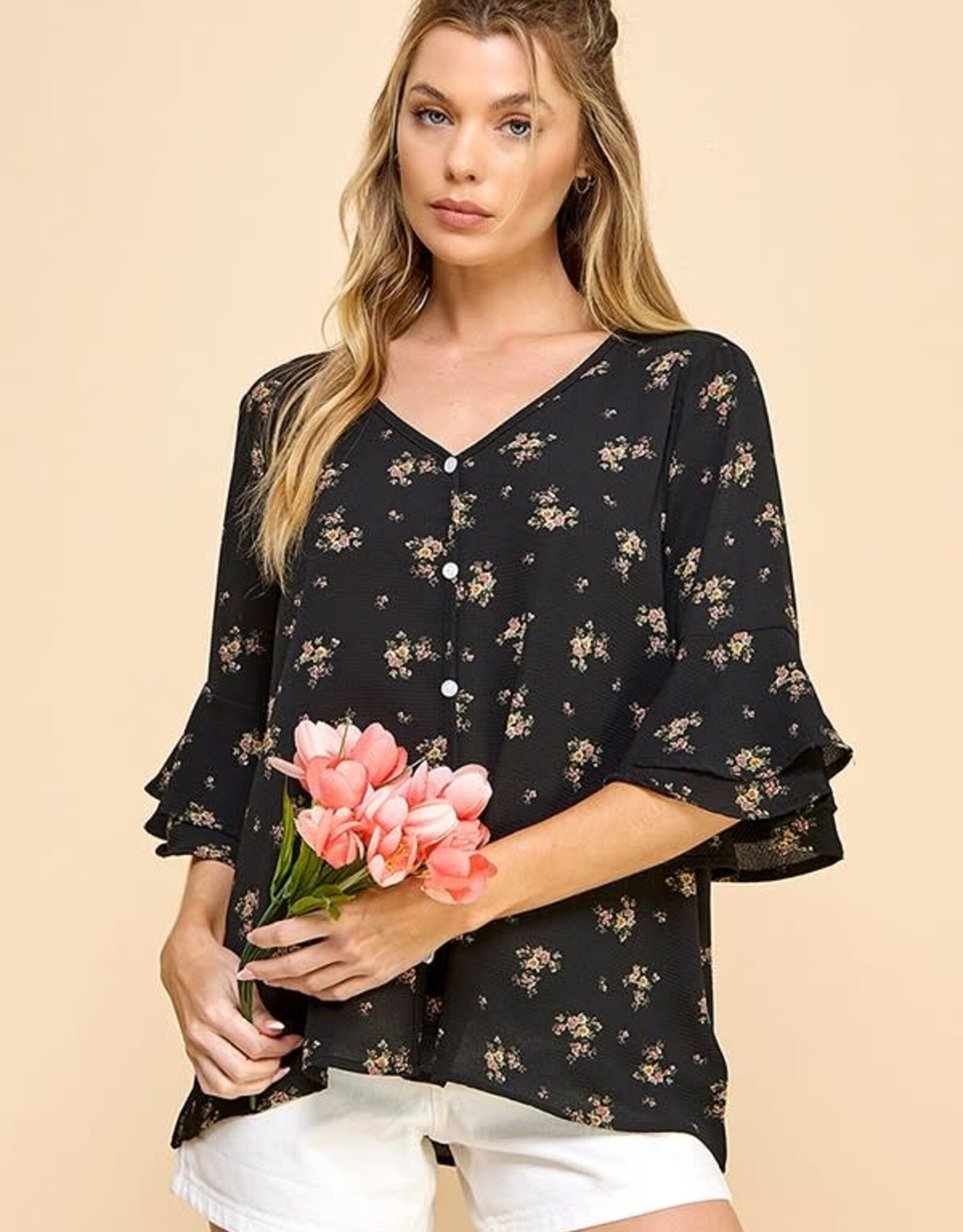 Miss Bliss Subtle Floral Button Dwn Blouse W Dtl Slv-Black