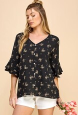 Miss Bliss Subtle Floral Button Dwn Blouse W Dtl Slv-Black