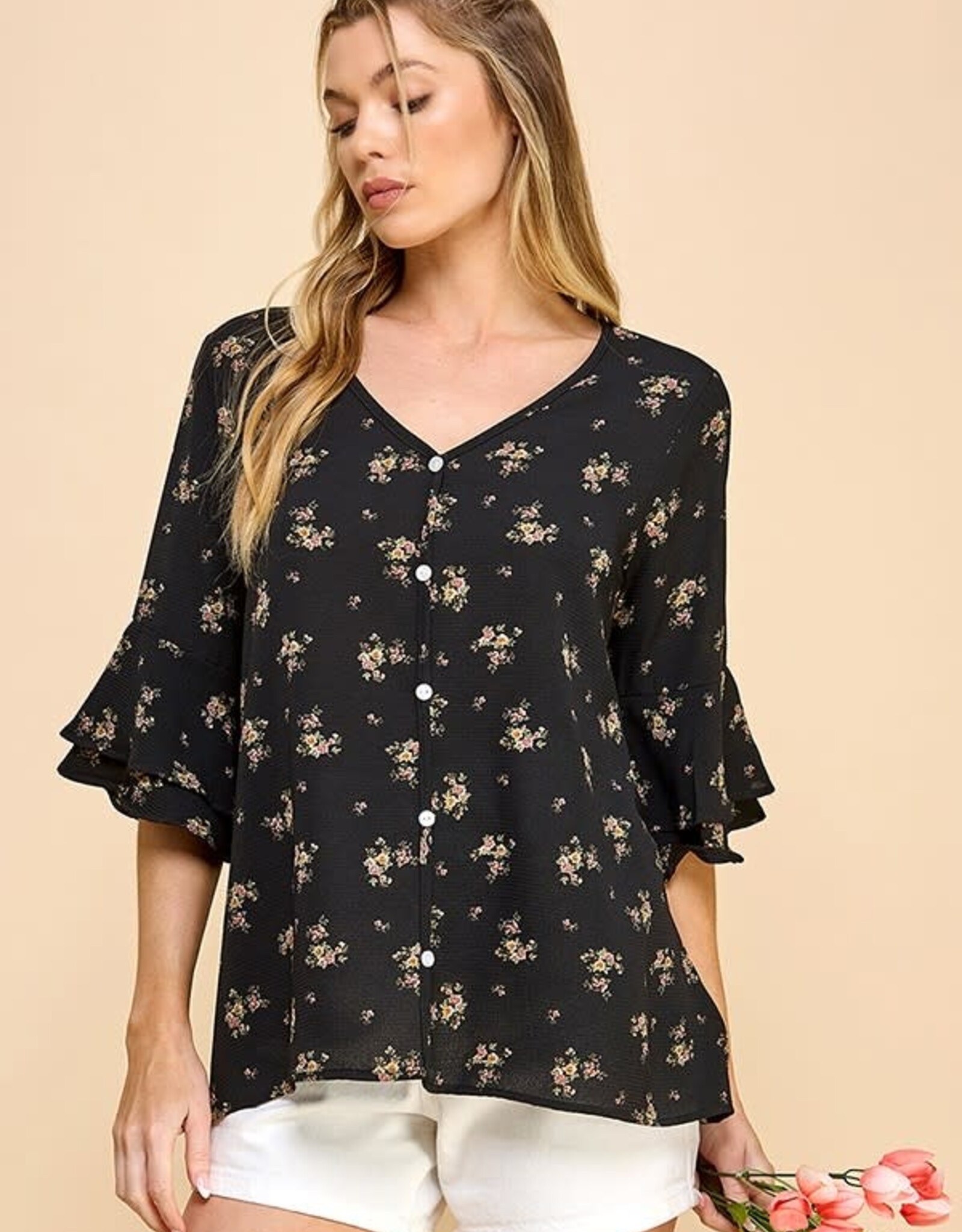 Miss Bliss Subtle Floral Button Dwn Blouse W Dtl Slv-Black