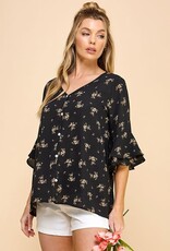 Miss Bliss Subtle Floral Button Dwn Blouse W Dtl Slv-Black