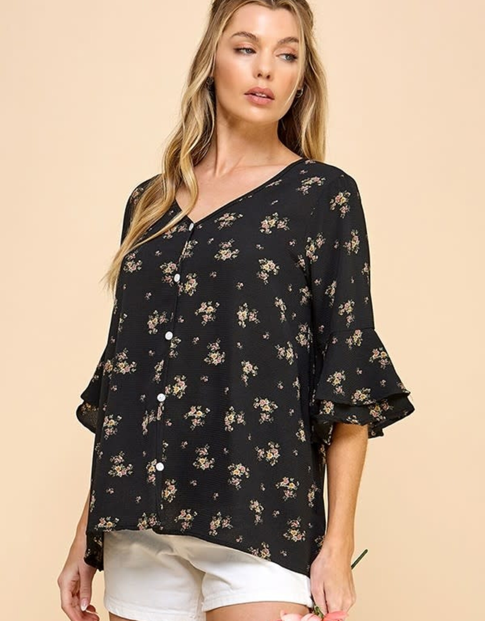 Miss Bliss Subtle Floral Button Dwn Blouse W Dtl Slv-Black