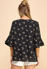 Miss Bliss Subtle Floral Button Dwn Blouse W Dtl Slv-Black