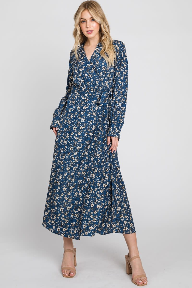 Cal Frida Floral Print Midi Wrap Deep Blue Miss Bliss Boutique