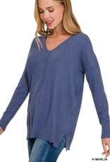 Miss Bliss Zen Relaxed Fit V Neck Front Seam Sweater-H Marlin