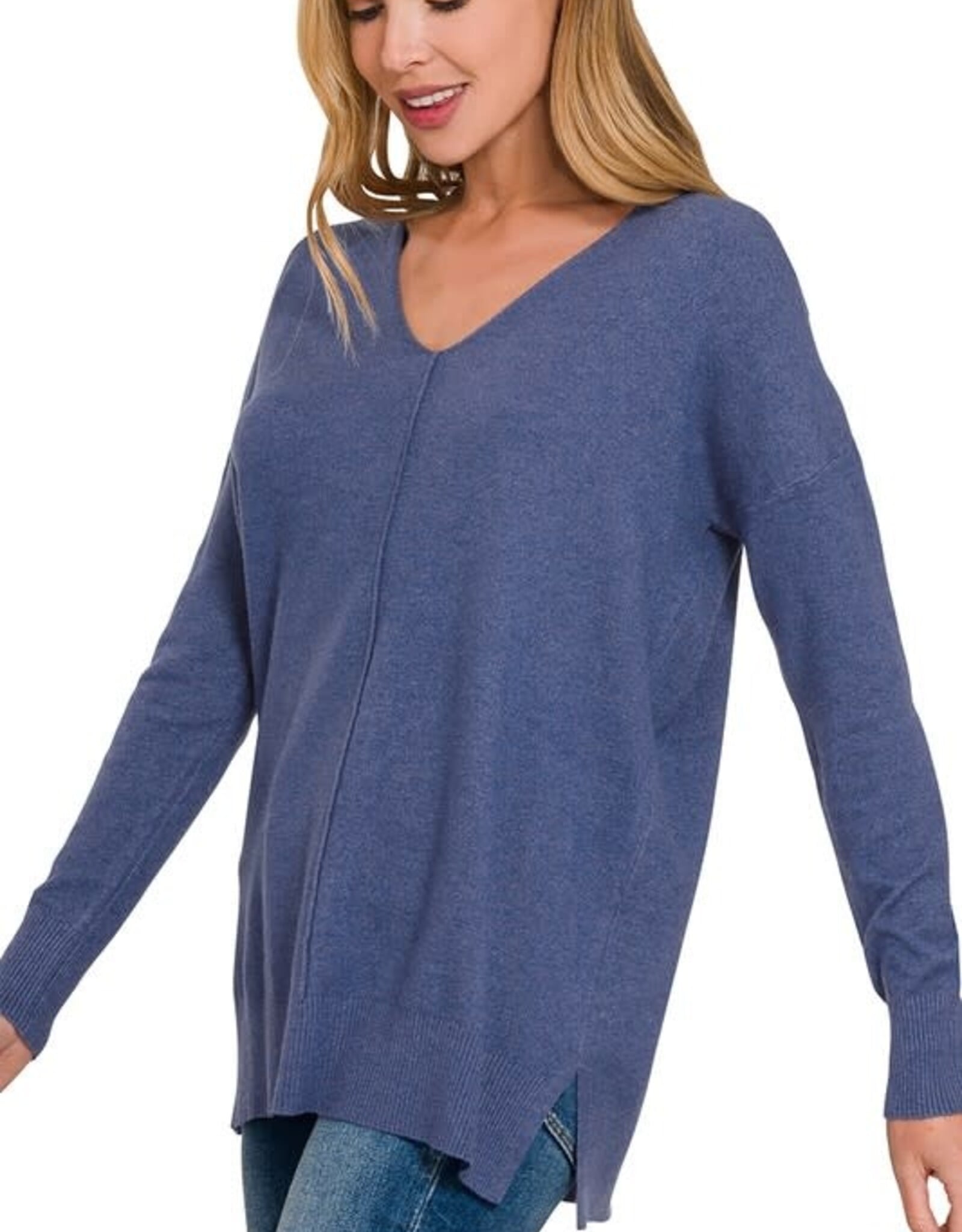 Miss Bliss Zen Relaxed Fit V Neck Front Seam Sweater-H Marlin