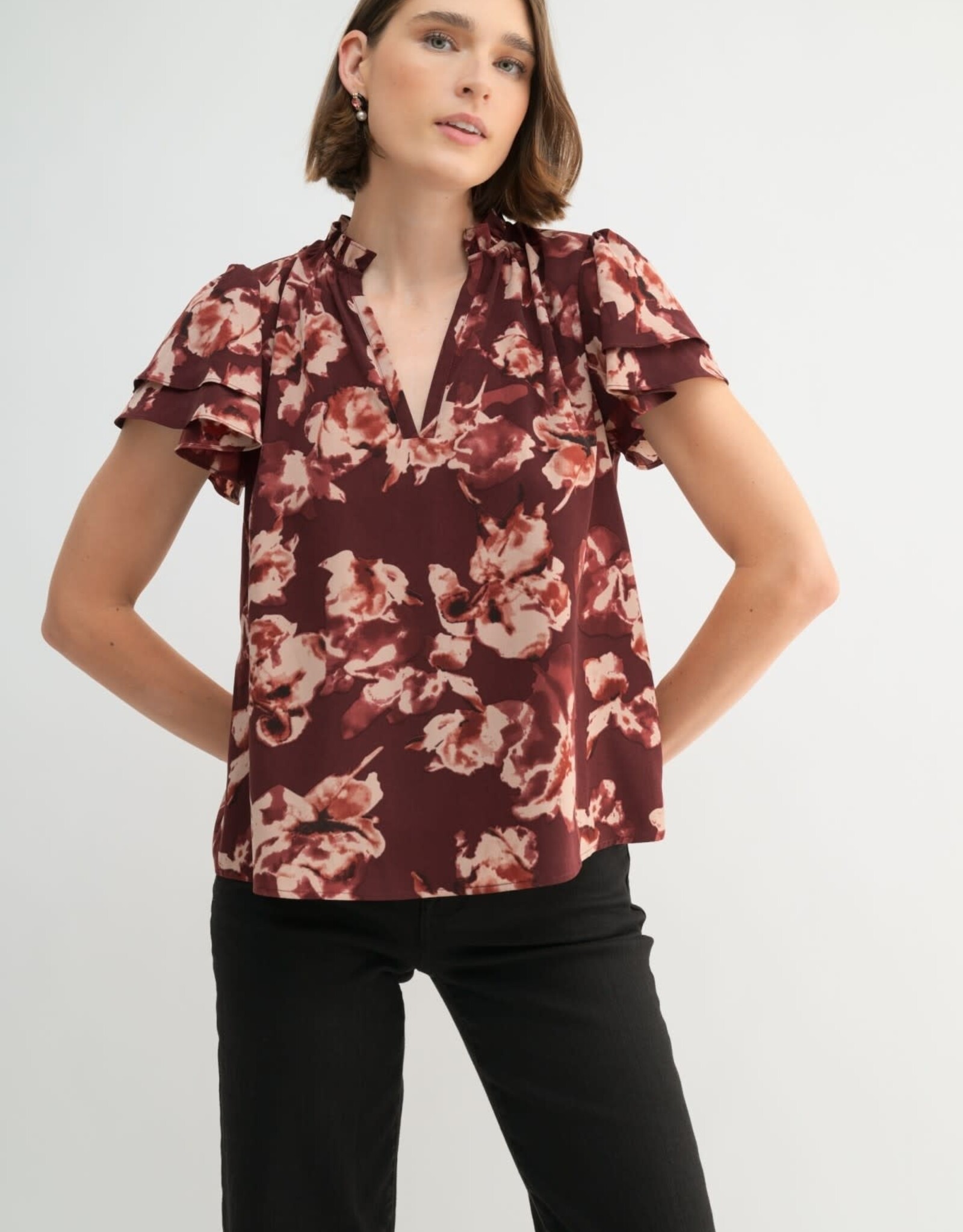 Miss Bliss F2F Flower P Flutter SS Blouse-Maroon