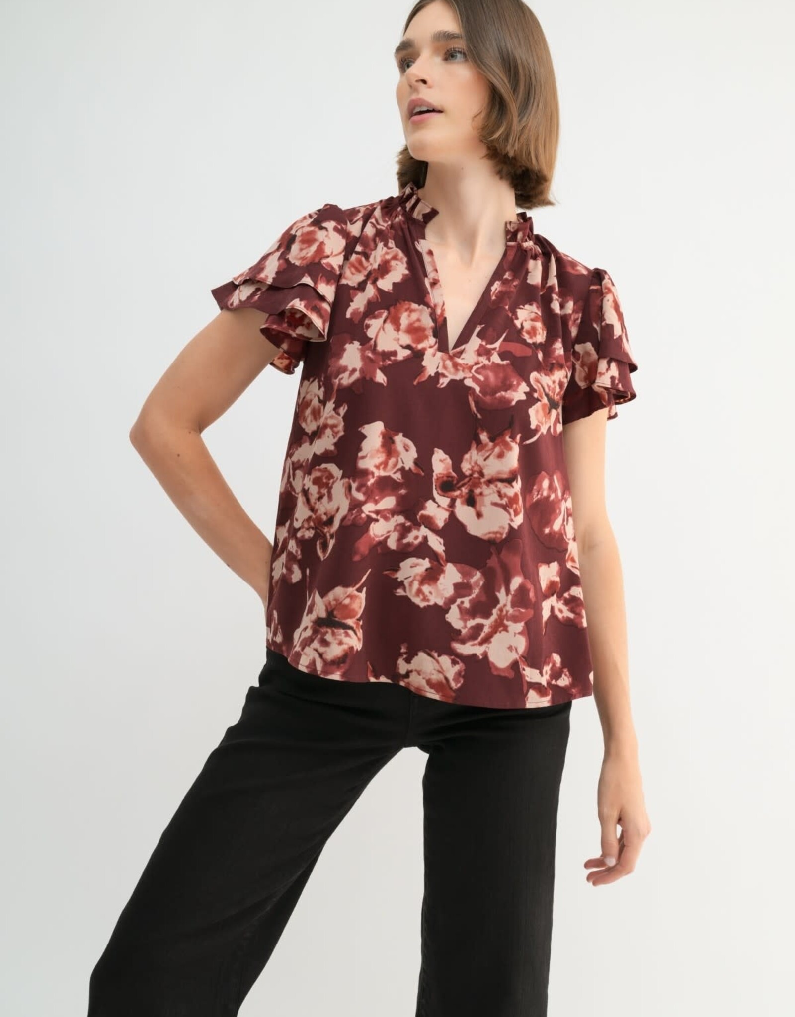 Miss Bliss F2F Flower P Flutter SS Blouse-Maroon