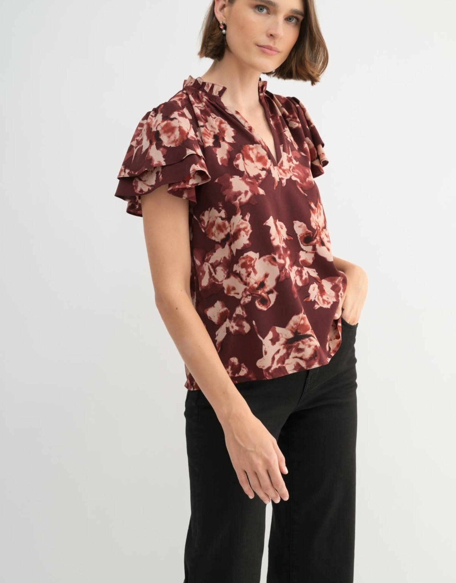 Miss Bliss F2F Flower P Flutter SS Blouse-Maroon