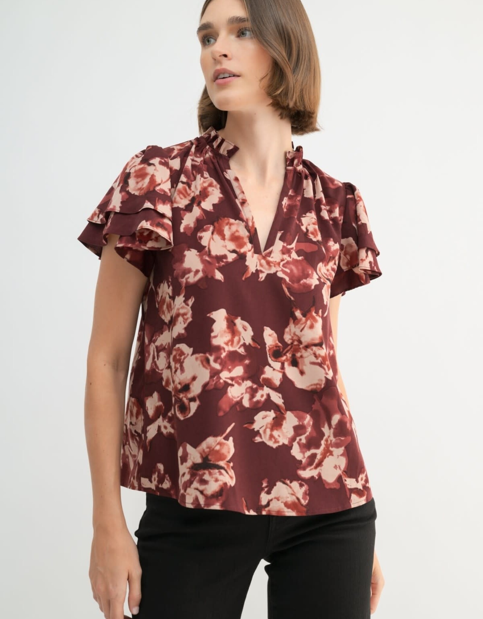 Miss Bliss F2F Flower P Flutter SS Blouse-Maroon
